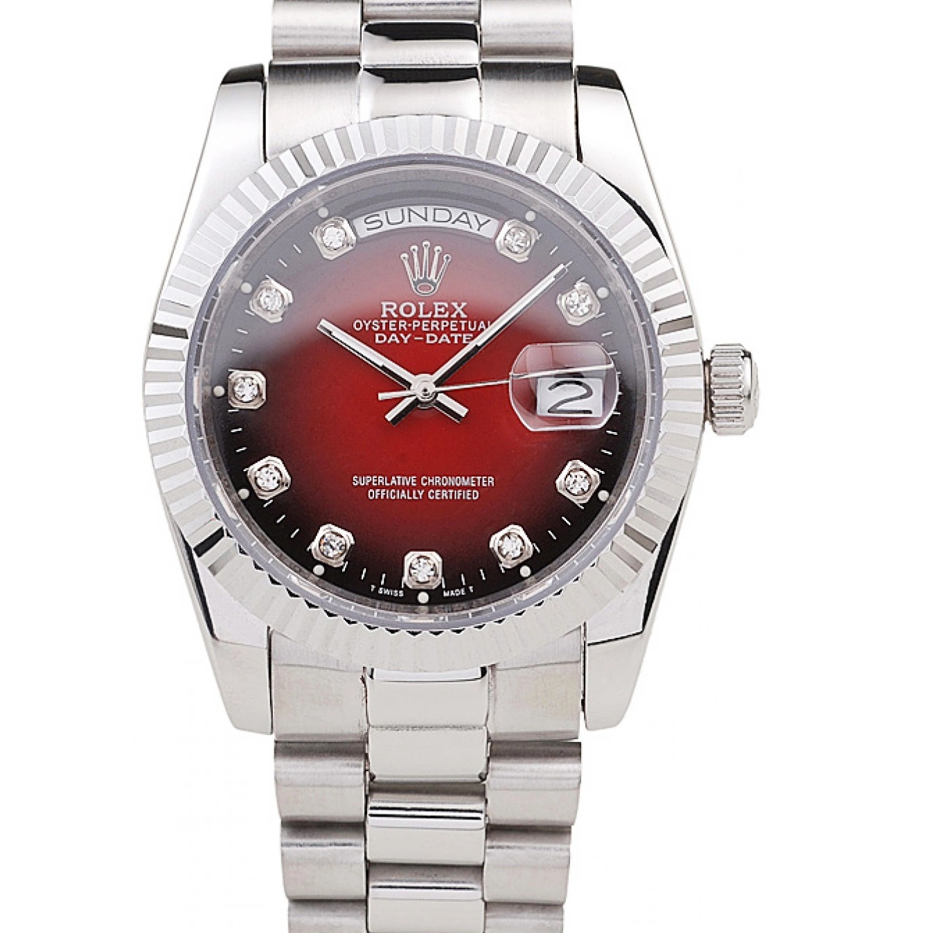 Aaa replica watch Steel Rolex Day-Date Tone Stainless Red Two Polished Dial 0724